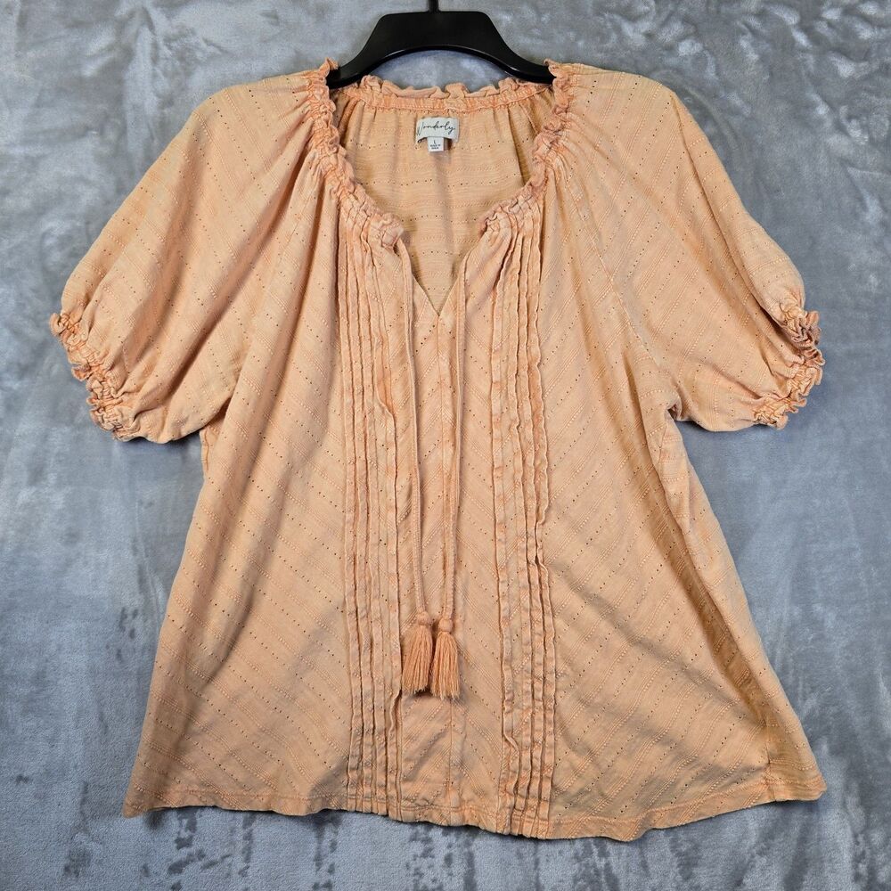 Wonderly Shirt Womens L Peach Ruffled V Neck Tassels Pin Tuck Pleates
